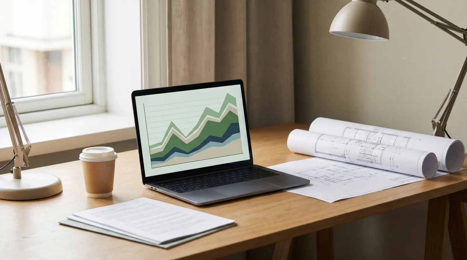 Scrivania con computer che mostra grafici dei consumi energetici e disegni tecnici