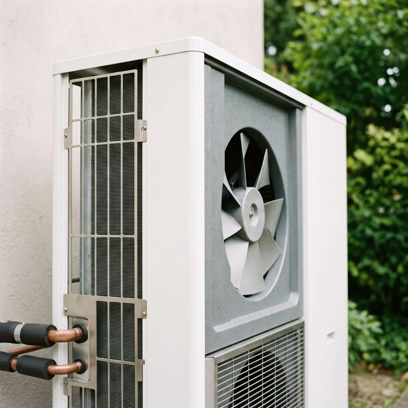 Unità esterna di una pompa di calore accanto a una casa